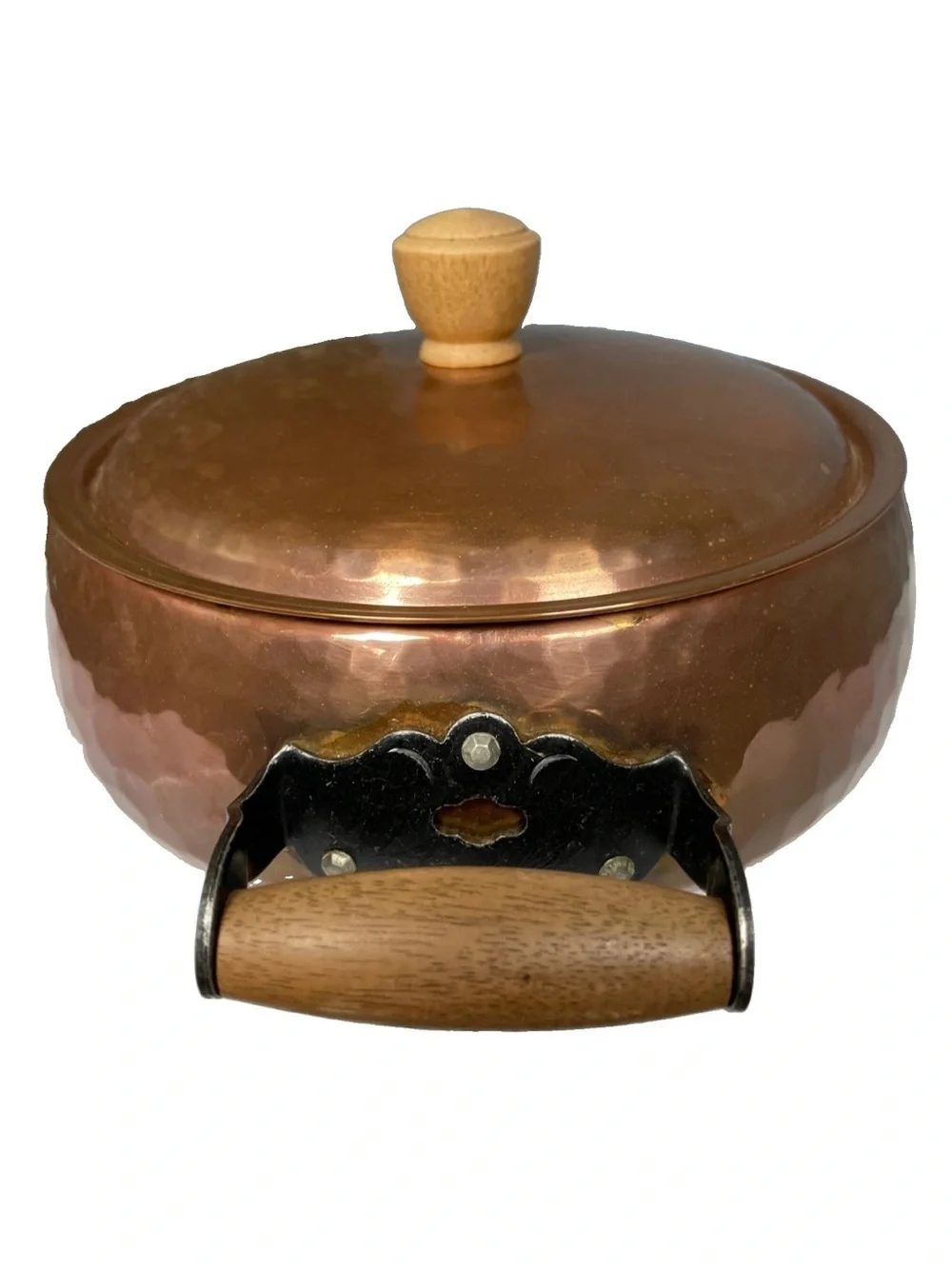 Vintage STOCKLI NETSTAL Hammered Copper Casserole Pot with Lid Wood Handles